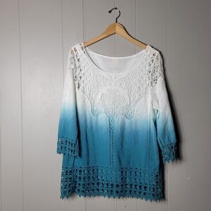 INDIGO THREAD CO. OMBRE BLUE LACE BOHO GYPSYCORE FAIRY TUNIC LINED WOMENS LARGE